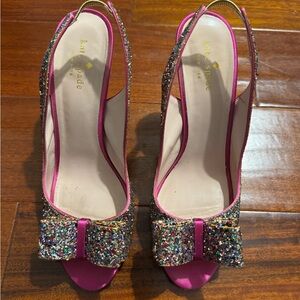 Kate Spade Satin Pink Multicolor Glitter Slingback Heels